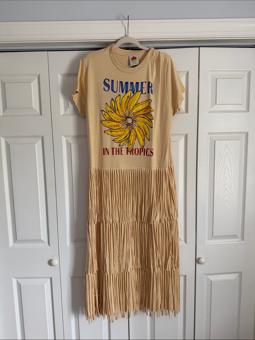 Fruit of the Loom Beige Maxi Dress with Yellow Flower and Blue Text
